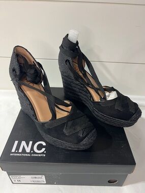 INC International Concepts Black Lace-Up Espadrille Wedge Sandals NEW